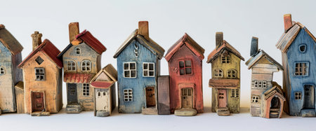 a bunch of wooden house in a row and some are decorated.の素材