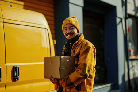 a delivery man holding a parcel in front of a van.の素材