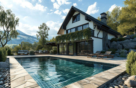 a house with a pool, and swimming pool outside.の素材