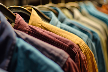 a rack of many shirts hanging in a store.の素材