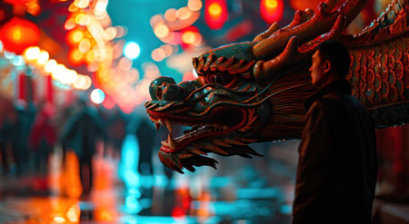 a man standing in front of an enormous dragon in the streets.の素材