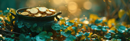 a pot filled with gold coins that stand on green leaves.の素材