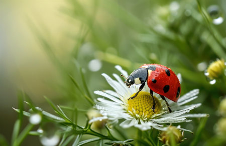 a ladybug sitting on a flower.の素材