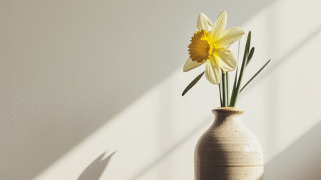 A minimalistic photo of a single daffodil in a vase against a white background.の素材