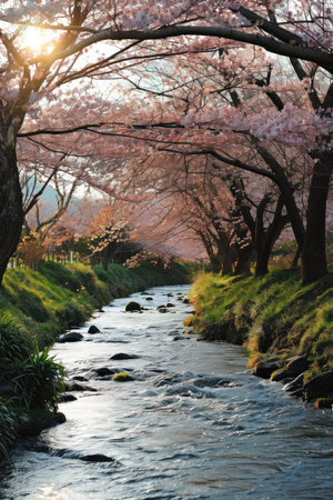 a tranquil river flowing through a blossoming cherry blossom tree grove.の素材