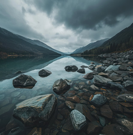 a still lake with rocks and water on a cloudy day.の素材