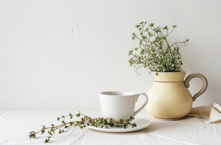 a white pot, cup and sprig of thyme next to it.の素材