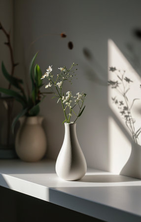 a small white vase sitting in a white dining room counter.の素材
