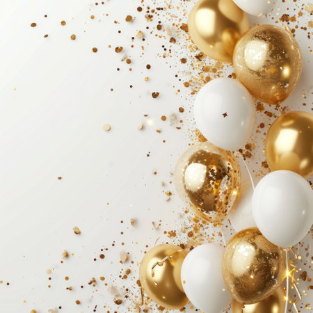 a white background with gold confetti and gold balloons.の素材