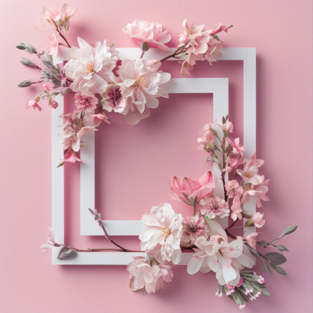 a white frame with flowers on a pink background.の素材