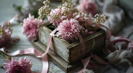 a small wooden box holds flower with a pink ribbon.の素材