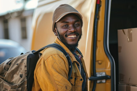 a smiling business delivery man near a van and a delivery box.の素材
