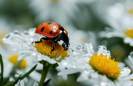 a ladybug sitting on a flower.の素材