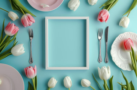 a blank white frame on tulips flowers, food, and silverware.の素材