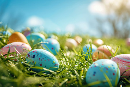 A colorful Easter egg hunt scene with pastel colored eggs scattered on bright green grass.の素材