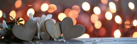 three hearts on a table in front of a bokeh effect.の素材