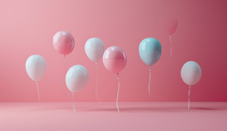 various whites and pastel colored balloons fly in front of a pink.の素材