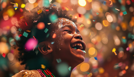 a young girl laughing while surrounded by confetti.の素材