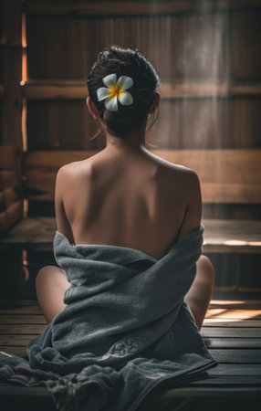 beautiful beauty woman sitting in the sauna, with a towel over her back.の素材
