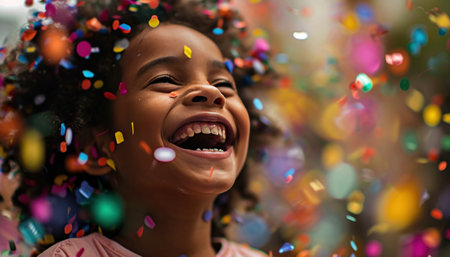 a young girl laughing while surrounded by confetti.の素材