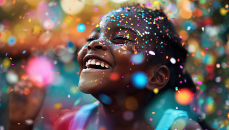 a young girl laughing while surrounded by confetti.の素材