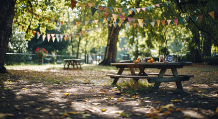 an empty space in the park with a table and some bunting.の素材