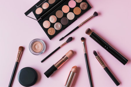 beauty makeup products on a pink background.の素材