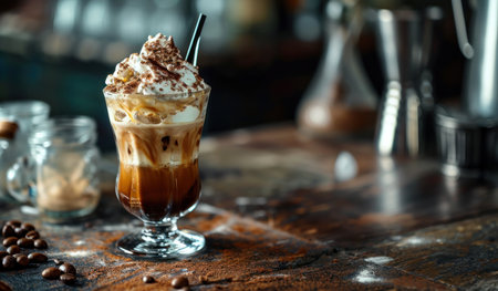 an ice coffee cocktail is present and garnished with whipped cream.の素材