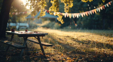 an empty space in the park with a table and some bunting.の素材