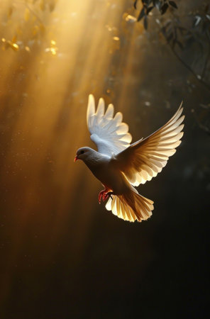 dove in flight with a sun and light bridging in.の素材