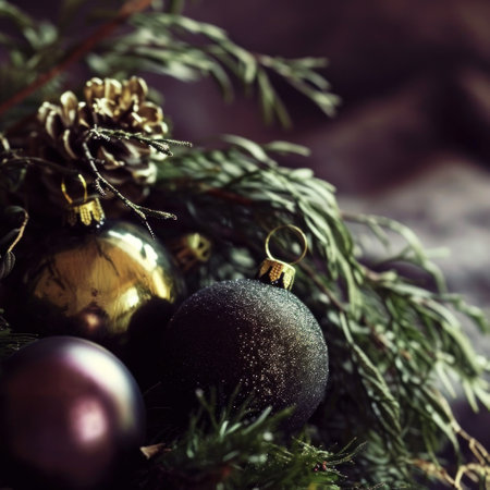 christmas home decoration with black christmas ornaments and christmas ball.の素材