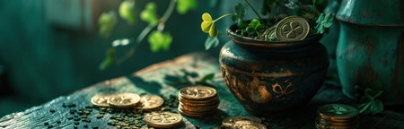 gold coins on the table in front of a pot with green shamrocks.の素材