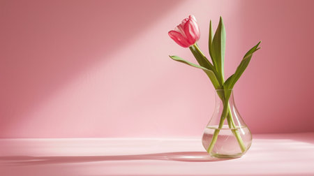 minimalist wallpaper, tulip flower in a clear glass vase, large copyspace area.の素材