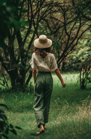 person wearing a hat and green pants in a grassy place with trees.の素材