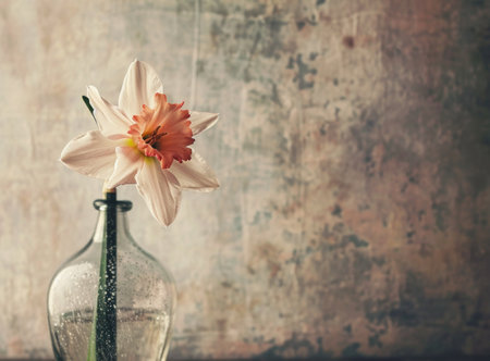 pink daffodil flower in a clear vase with a beige background.の素材