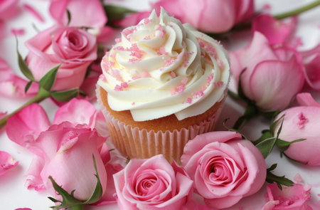 small cupcake surrounded by pink roses and white frosting.の素材