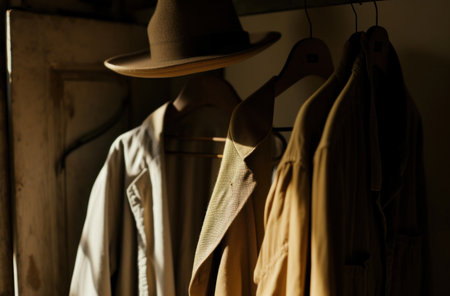 styled wardrobe in dark room with brown hat.の素材