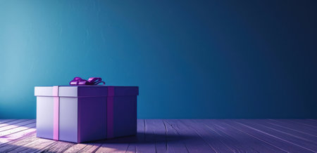 purple gift box on wooden floor in front of a blue purple background.の素材