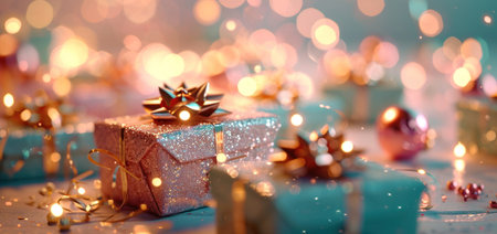 present boxes and decorations of various colors.の素材