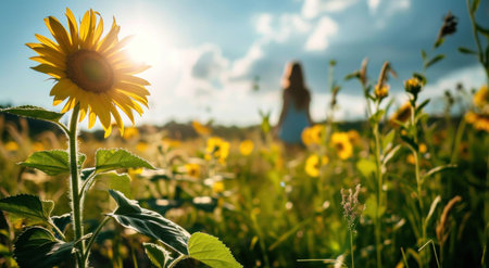 sunflower in green field on the background with sun.の素材