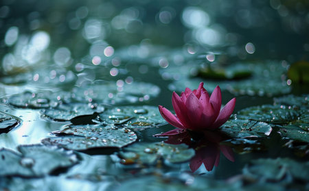 the single pink lotus floats on a green water lily.の素材