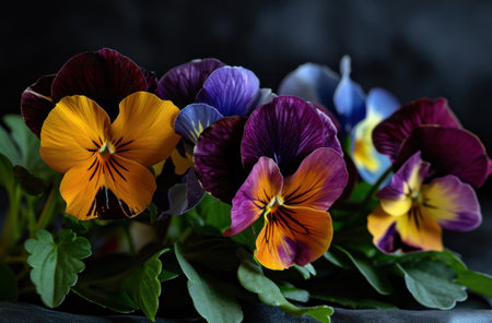 these colorful pansies are sitting in the bottom of a black room.の素材