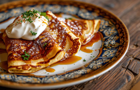 three pancakes and yogurt on a plate.の素材