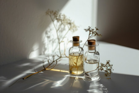 Essential oil in a glass bottle on a white table with dried flowersの素材