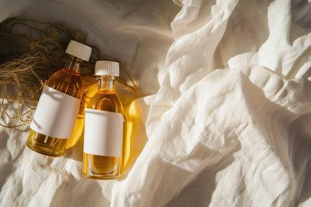 Bottles of cosmetic oil on white fabric background, top view.の素材