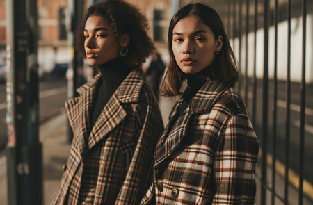 two women in plaid coats and black knitted sweaters.の素材