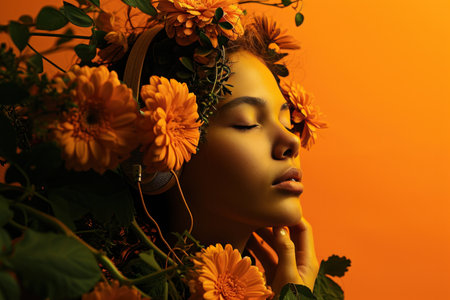 woman with flowers listening to music playing headphones on an orange background.の素材
