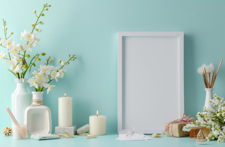 white frame and empty bottle with flowers, presents, candles, and paper on a blue table.の素材