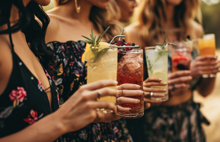 women holding drinks in a row.の素材