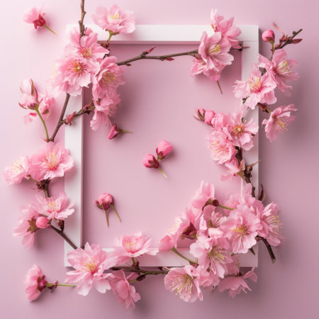 white frame with a frame of pink flowers on a pink background.の素材